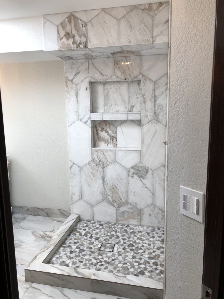 Marble & Hex Tile Bathroom Transformation after